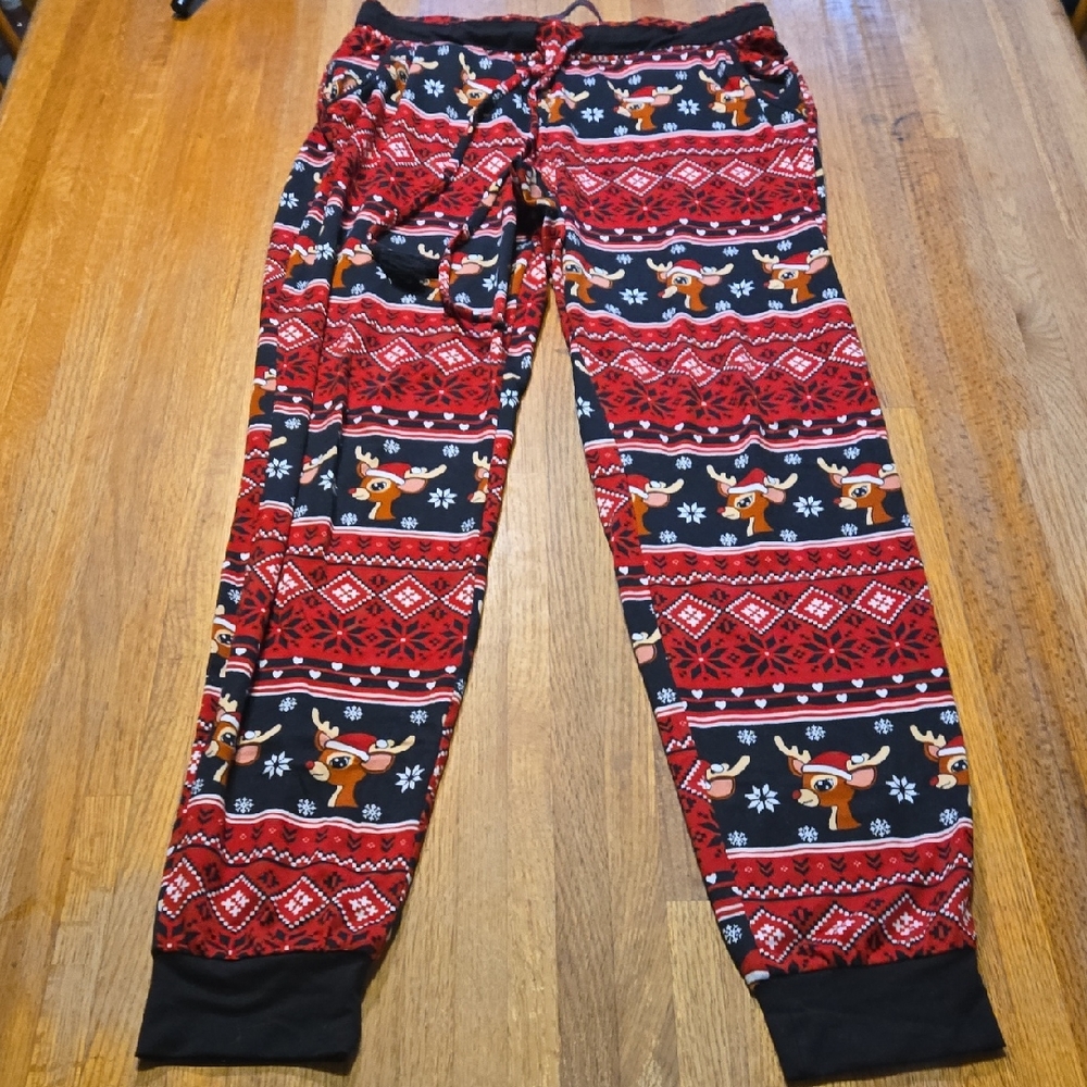 No Boundaries Women Small Red Black Christmas Reindeer Snowflake Cuffed Leggings